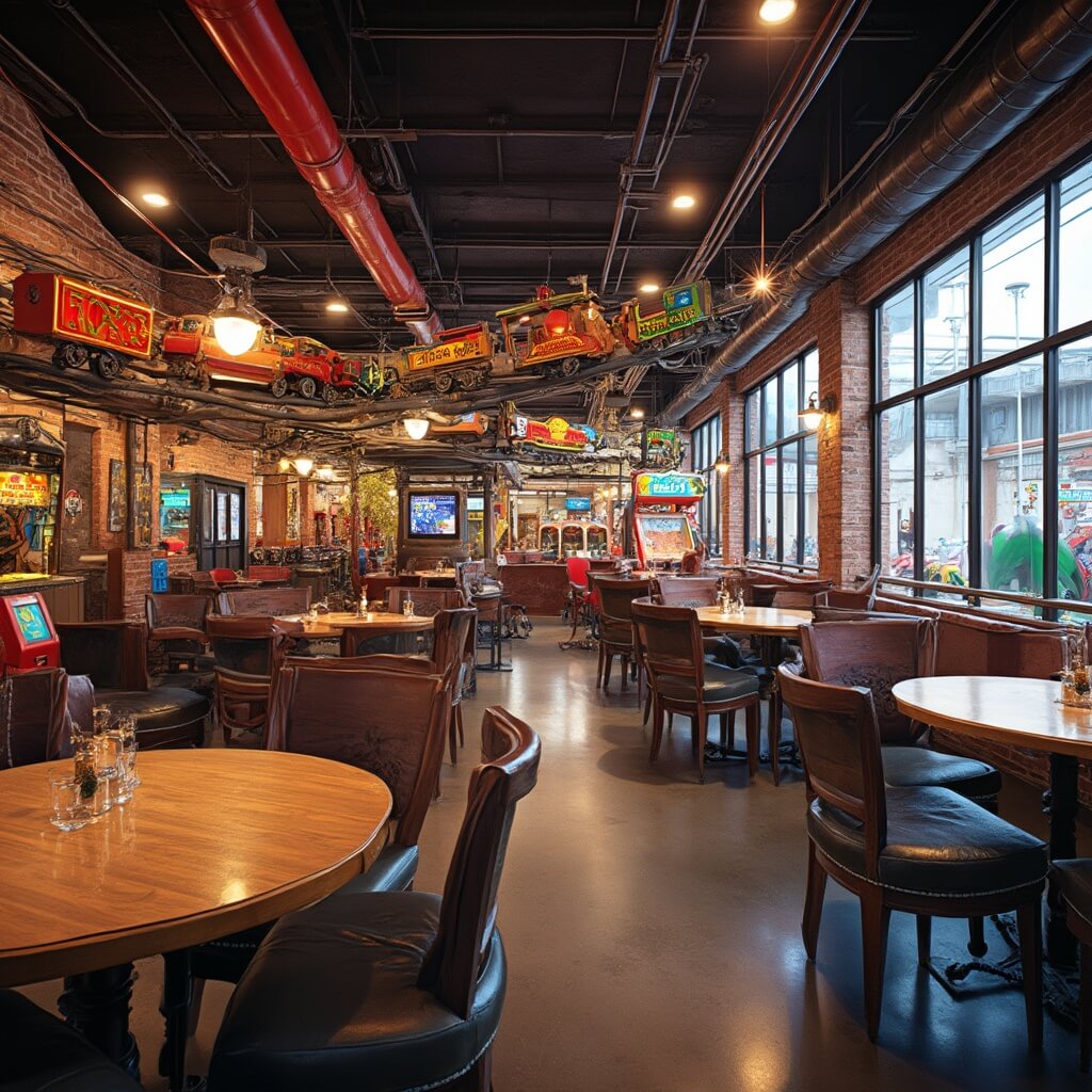 Model trains delivering pizzas in a vibrant indoor entertainment center with arcade games and go-kart tracks