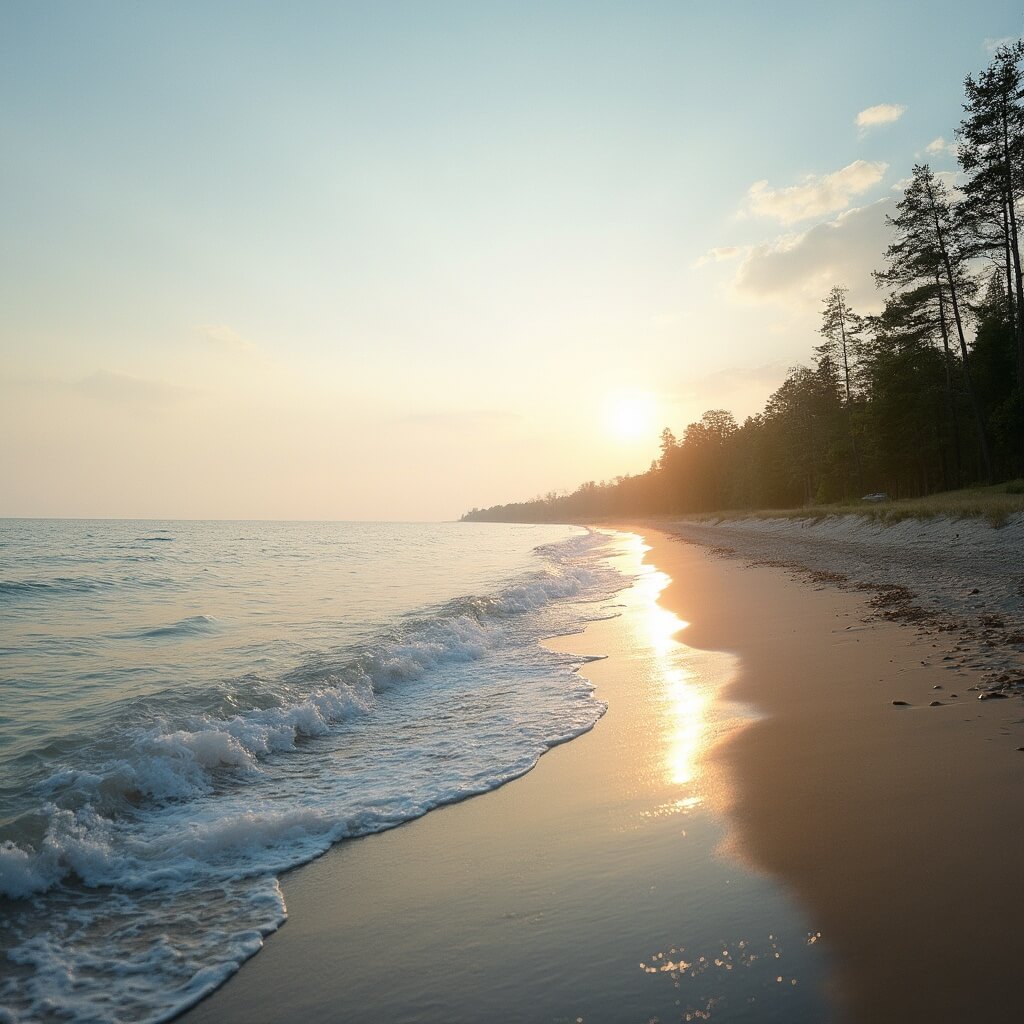 Golden hour view of tranquil Lake Michigan shoreline near Saugatuck, featuring gentle waves, sandy beach and distant tree-line
