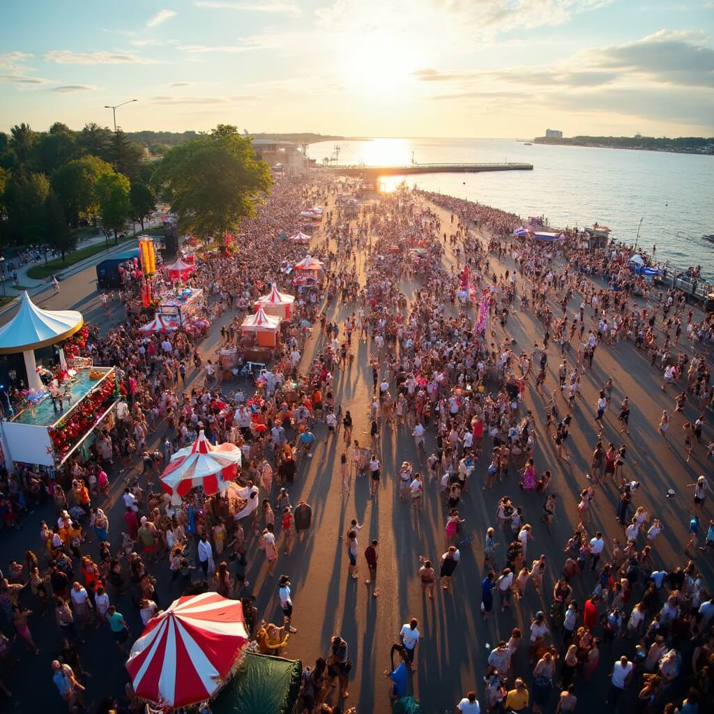 Aerial view of the National Cherry Festival in Traverse City, showcasing crowded scenes, vibrant decorations, energetic performers, and the waterfront under bright summer light