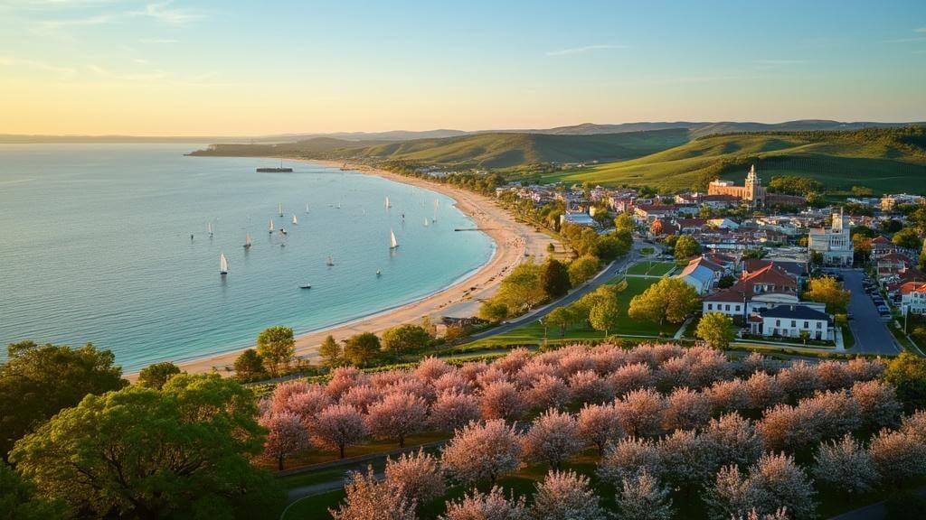 "Panoramic view of Traverse City in summer with Grand Traverse Bay, Sleeping Bear Dunes, blossom-filled cherry orchards, downtown's historic buildings including State Theatre, and vine-covered wine country hills under golden afternoon light"