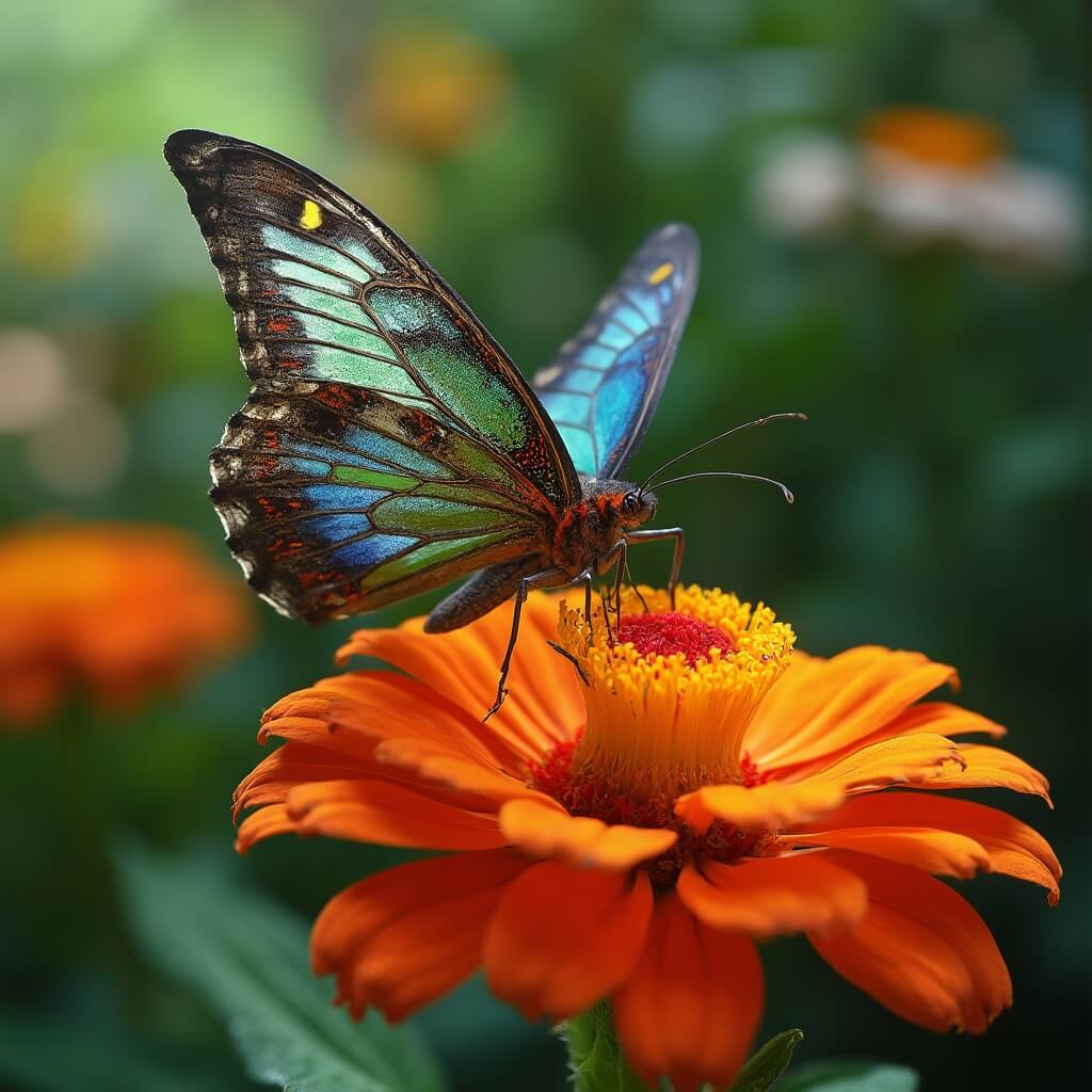 Colorful tropical butterfly on a vibrant flower in Hershey Gardens Butterfly Atrium