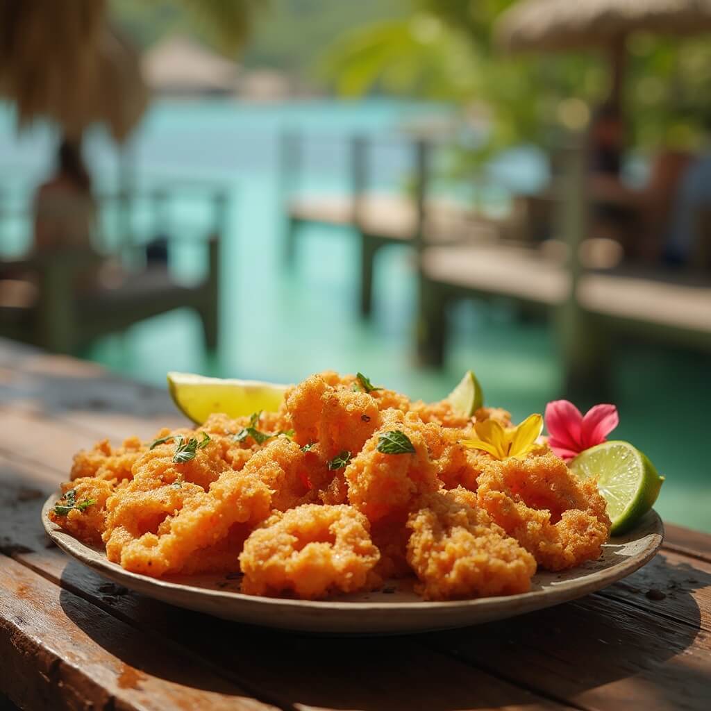 Close-up of crispy conch fritter platter with lime wedges and flowers on a rustic table at open-air waterfront restaurant, with blurred mangroves and turquoise waters in the background.