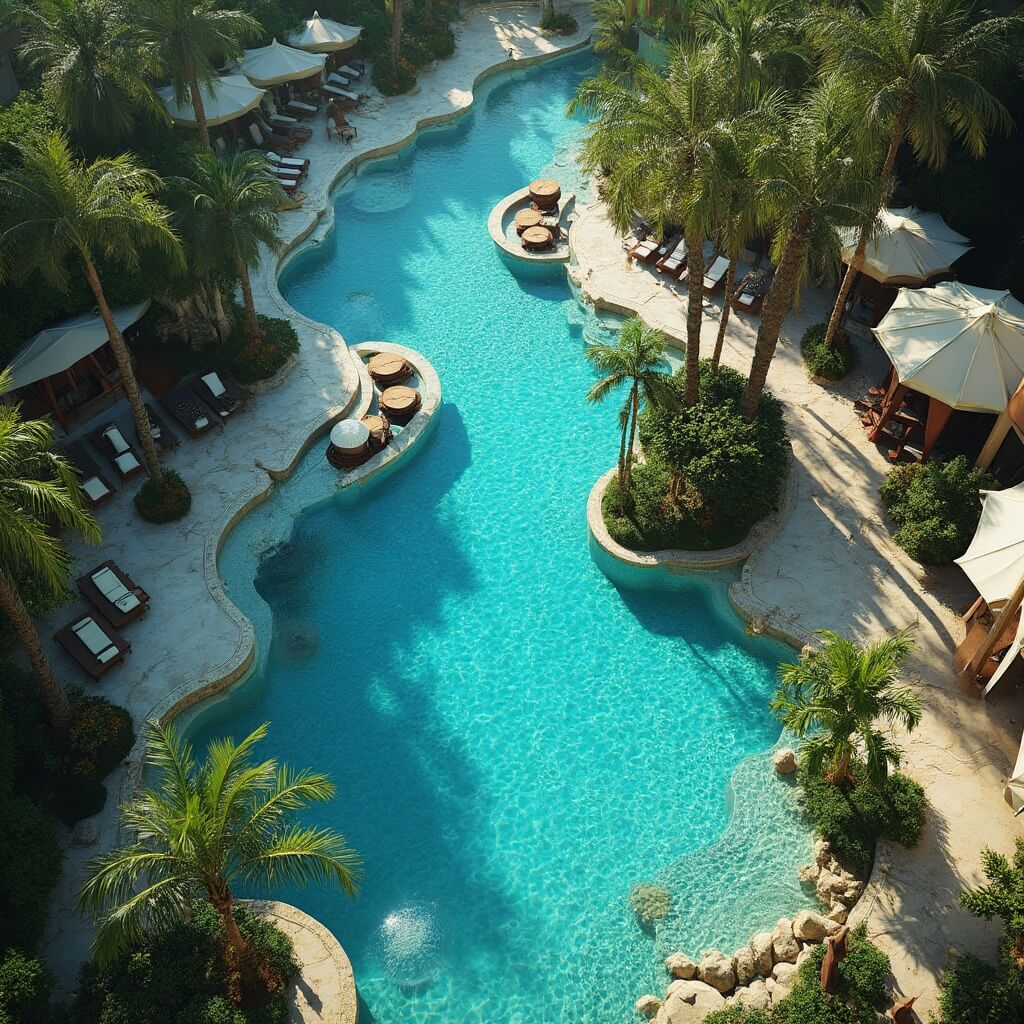 Aerial view of a luxury resort swimming pool with a lazy river, surrounded by palm trees and tropical landscaping, reflecting bright sunlight