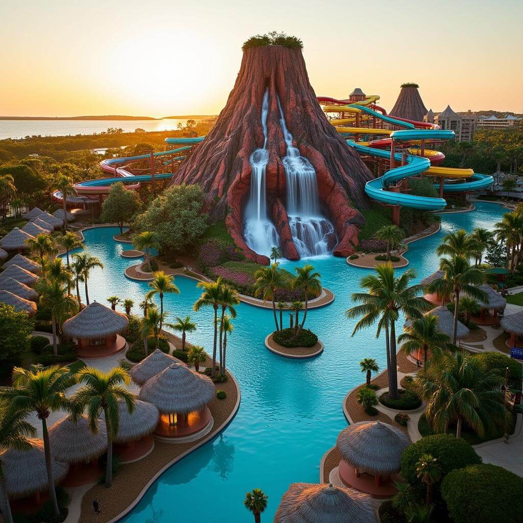 Water park featuring a large artificial volcano with waterfalls, various colorful water slides, a see-through water tube with riders, a clear lazy river, tropical greenery, and huts during golden hour.