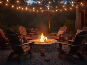 "Twilight gathering scene with a glowing fire pit, Adirondack chairs, overhead string lights, and natural landscaping in a cozy backyard setting"