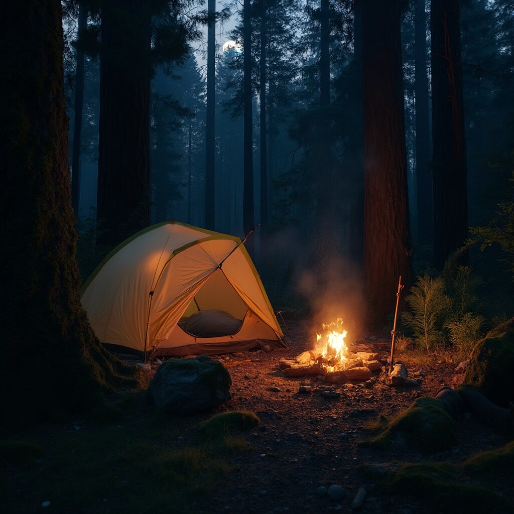 Twilight campsite under ancient redwoods with a high-end tent, a crackling campfire, embers floating upward, surrounded by ferns and moss-covered logs, under subtle moonlight filtered through the canopy.