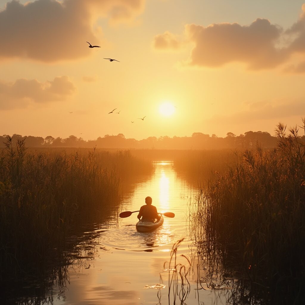 Lone kayaker navigating through Tybee Island's salt marshes at sunset, surrounded by tall grasses and birds in the golden sky