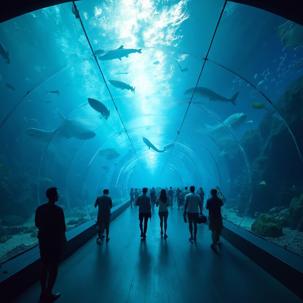 Sharks swimming overhead in a glass tunnel at Ripley's Aquarium with blue lighting and abundant marine life