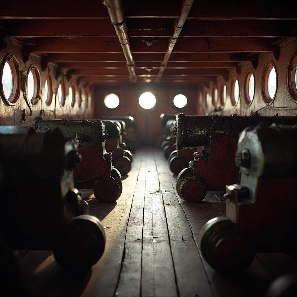 Historic cannons and wooden interior of the USS Constitution's gun deck brightly lit by natural light