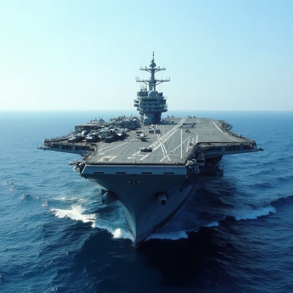 Ultra-detailed exterior view of USS Midway aircraft carrier displayed against a clear sky and blue ocean backdrop, emphasizing its massive scale and naval engineering precision