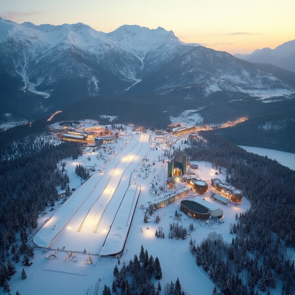 Aerial view of Utah Olympic Park featuring ski jumps and adventure facilities amidst snow-capped mountains during golden hour