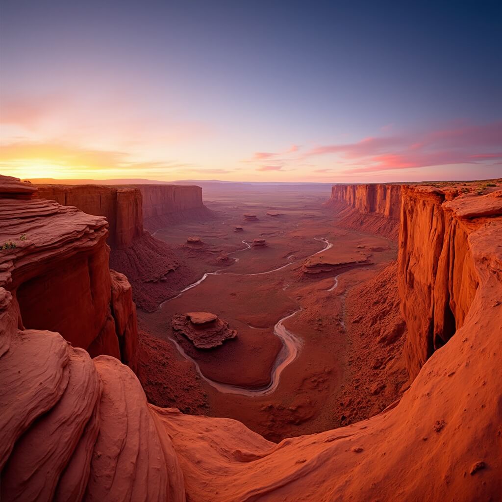Panoramic sunset view of red rock formations with layered geological structures in southeastern Utah's desert terrain