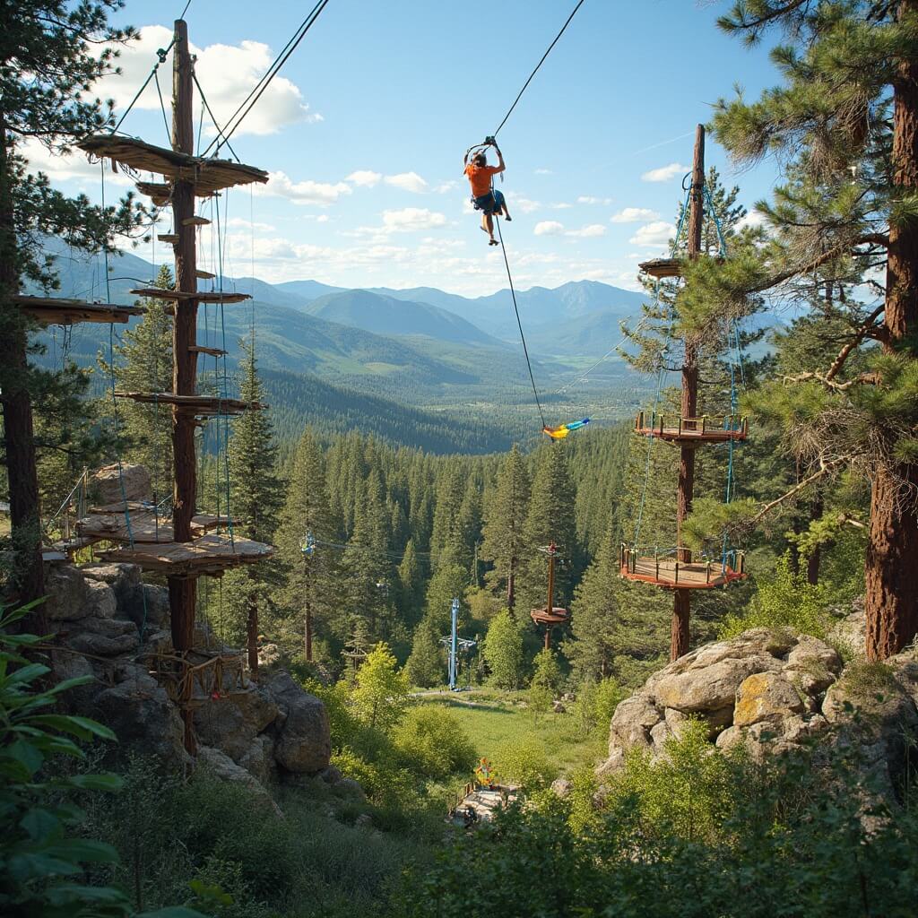 Family enjoying adventure rope courses with safety equipment amongst pine trees, with mountain backdrop at Vail adventure park during sunny day