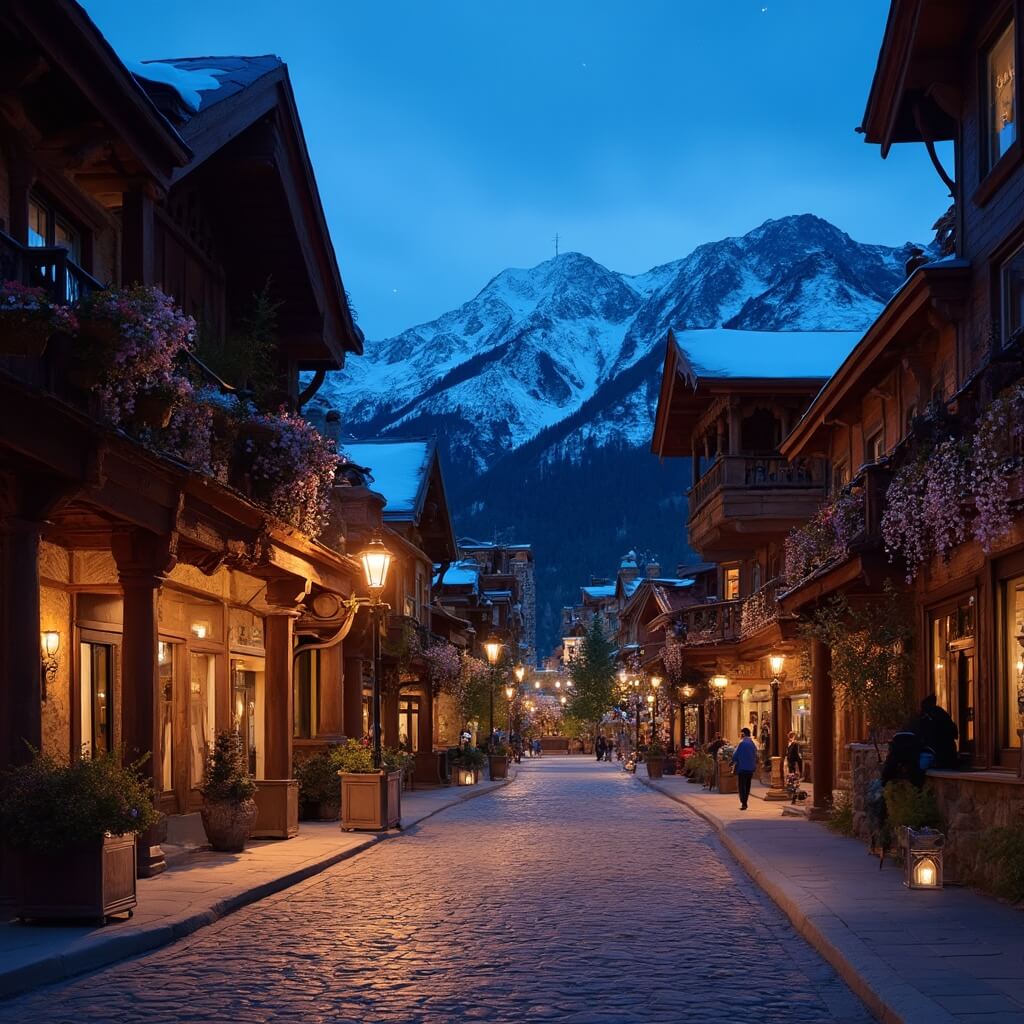 Evening view of Vail Village's cobblestone streets illuminated by lanterns, alpine-style buildings, hanging flowers, with snow-capped mountains and stars in the background