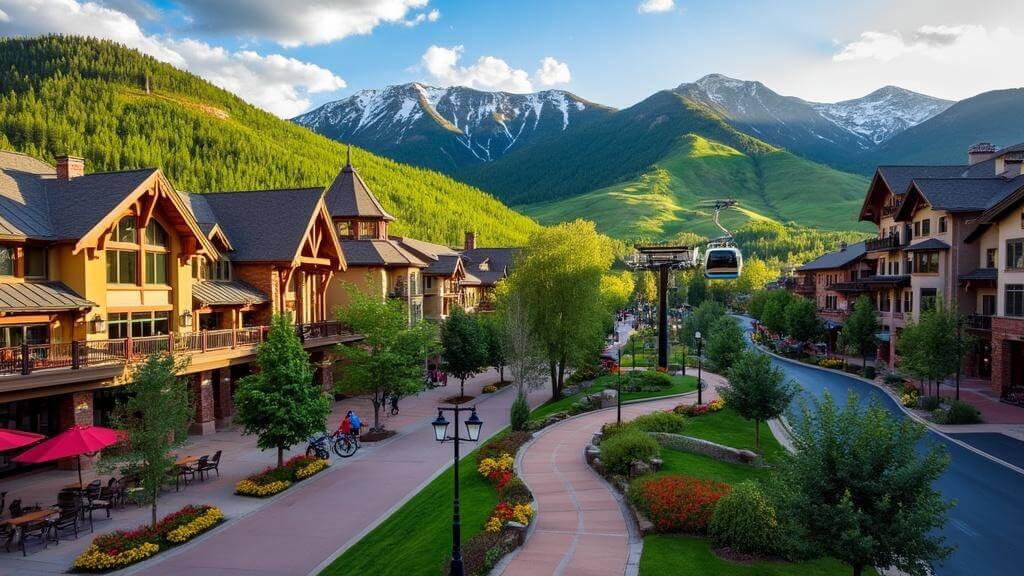 "Aerial view of Vail Village in summer with European-style buildings, green mountains, colorful flowers, outdoor cafes, a mountain bike trail, a scenic gondola, and Rocky Mountain peaks in the background"