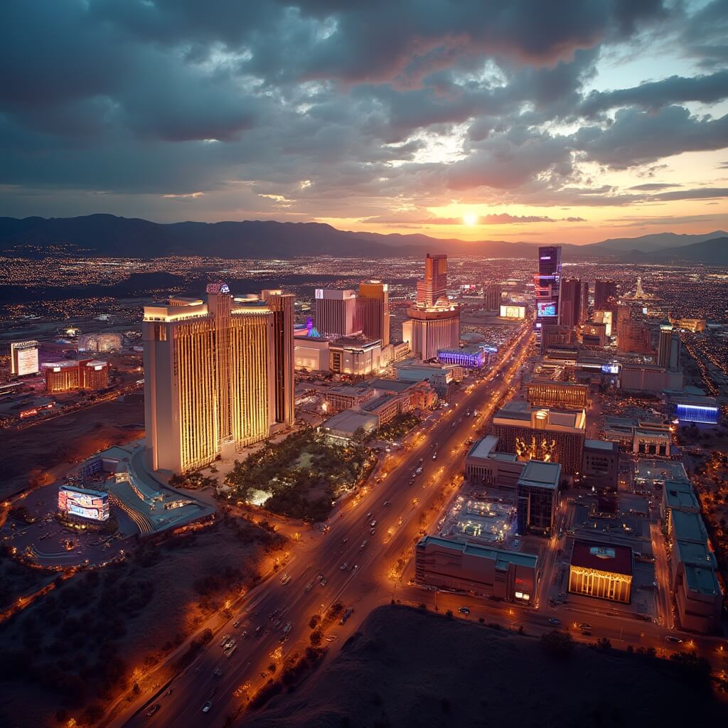 Panoramic view of Las Vegas Strip at dusk with neon lights, casino resorts, and desert landscape, highlighted by golden hour lighting