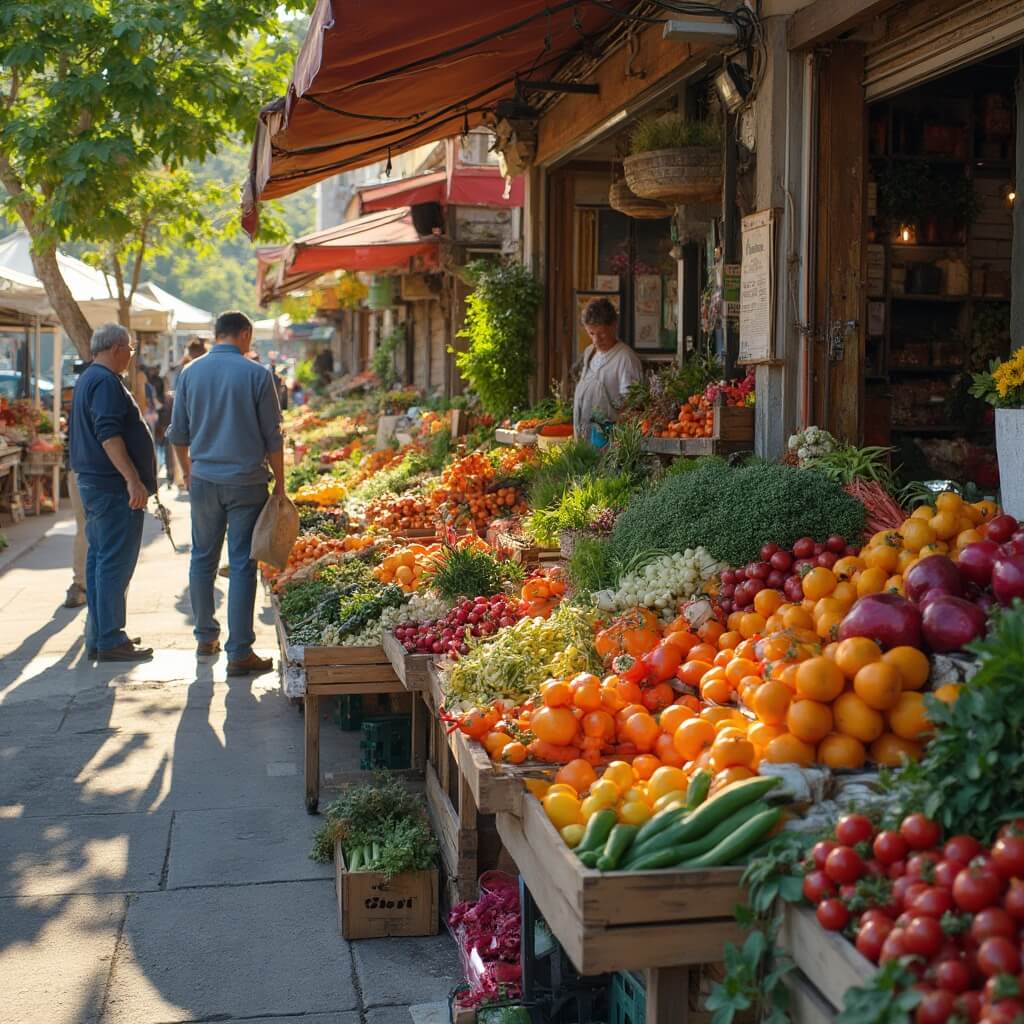 Sunny outdoor farmers market with local vendors arranging colorful heirloom vegetables and seasonal fruits as customers browse organic produce in wooden crates