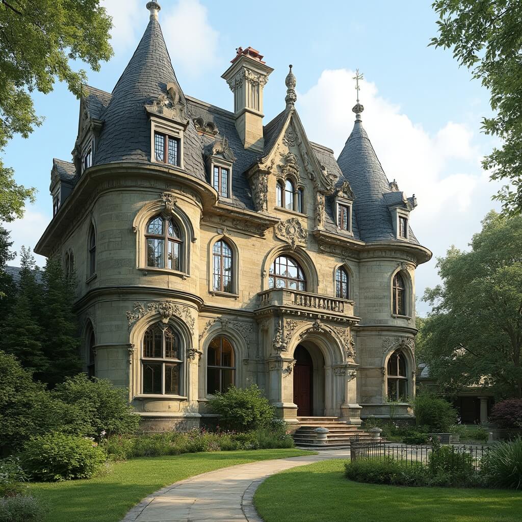 Bishop's Palace with intricate Victorian architectural details, ornate stone work, surrounded by lush green landscaping