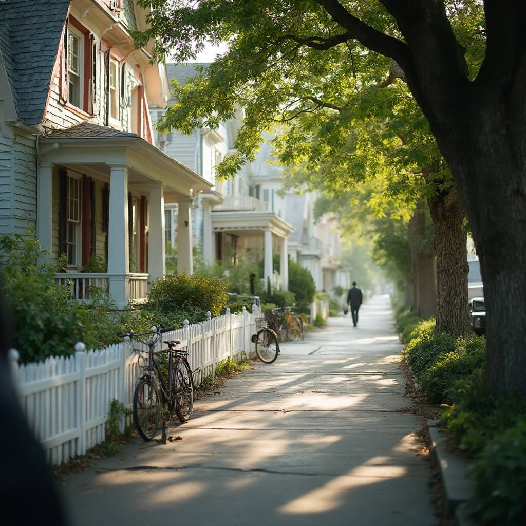 Victorian-era avenue in Cape May with colorful gingerbread houses, a vintage bicycle against a white fence, under soft afternoon light
