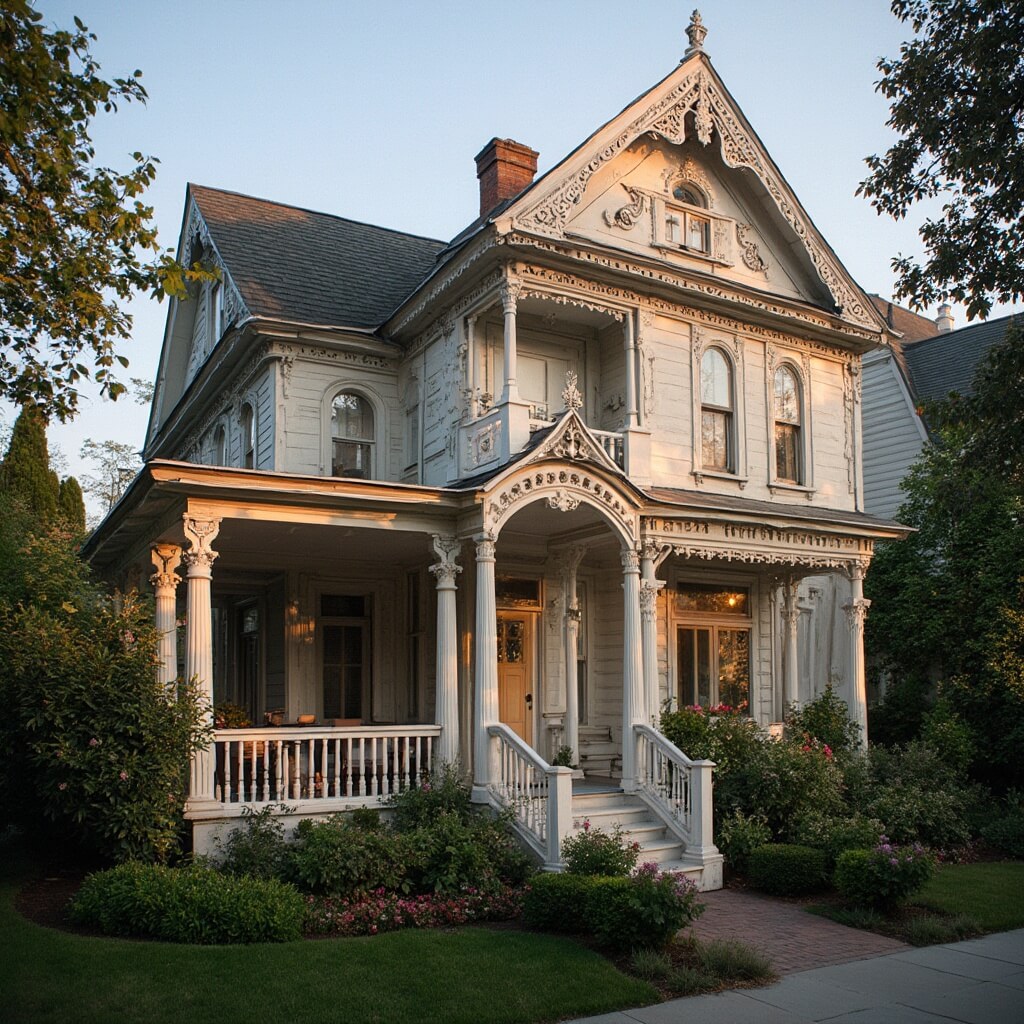Exterior of a Victorian-style bed and breakfast at dawn, with wraparound porches, white columns, intricate trim details, and blooming garden in soft morning light