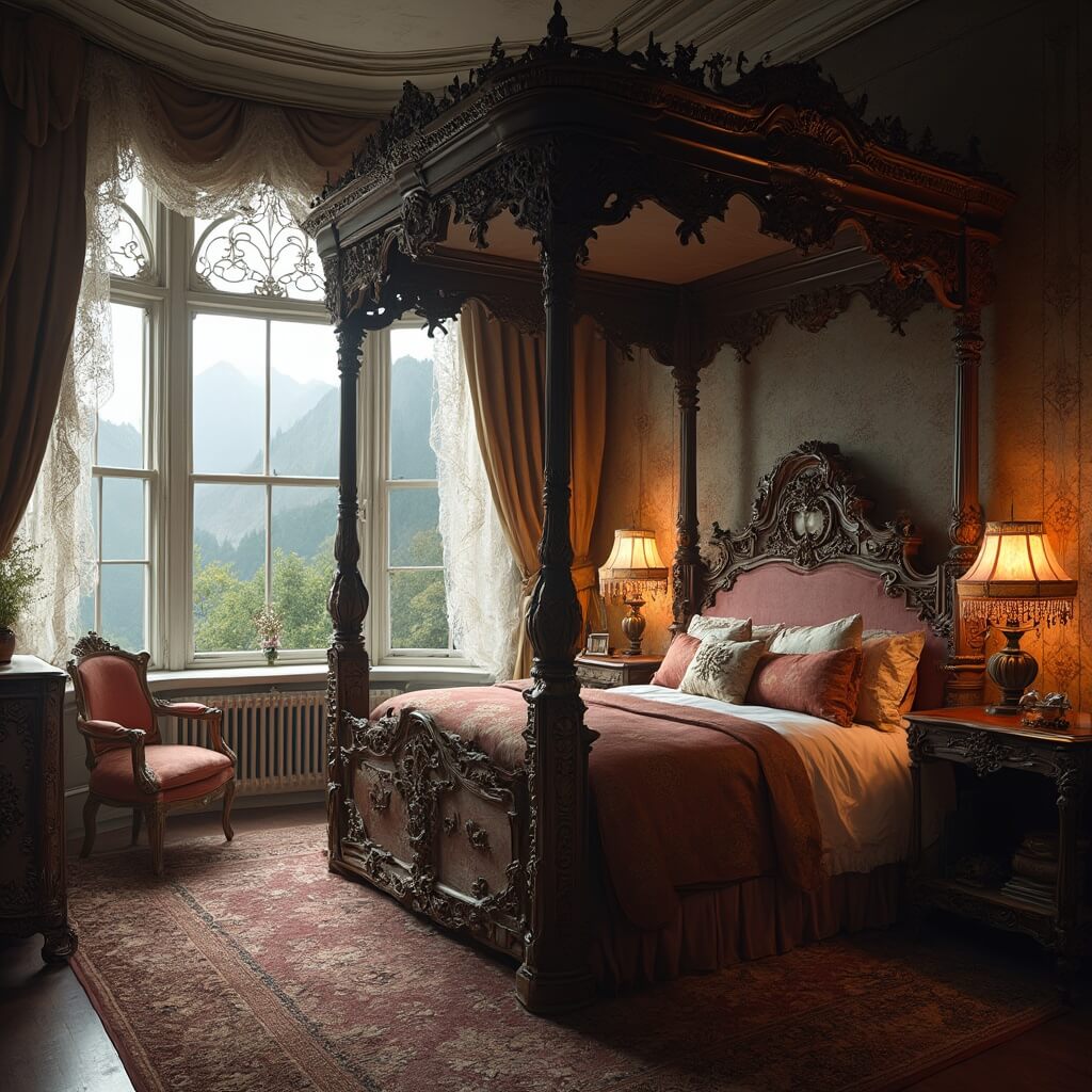 Victorian-style bedroom with luxurious four-poster bed, antique furniture, large bay windows overlooking misty mountains, morning light through lace curtains, jewel-toned wallpaper, and period lighting fixtures
