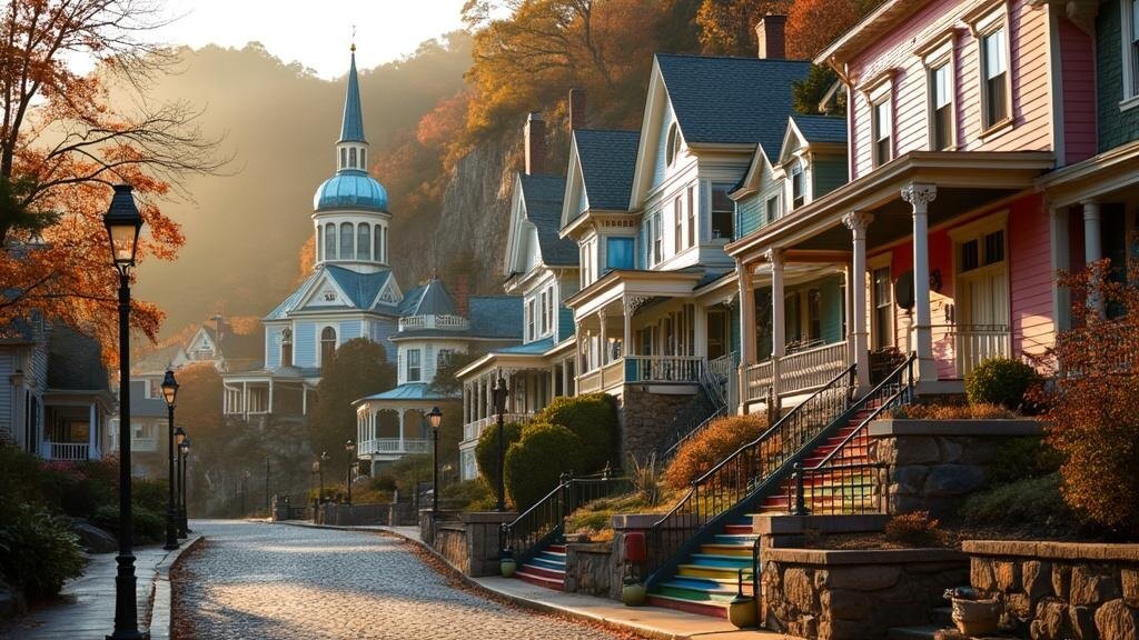 "Historic Victorian mountain town at golden hour featuring pastel-colored mansions, Thorncrown Chapel nestled among autumn-colored trees, rainbow staircase, historic lampposts, and natural springs, all in Eureka Springs"