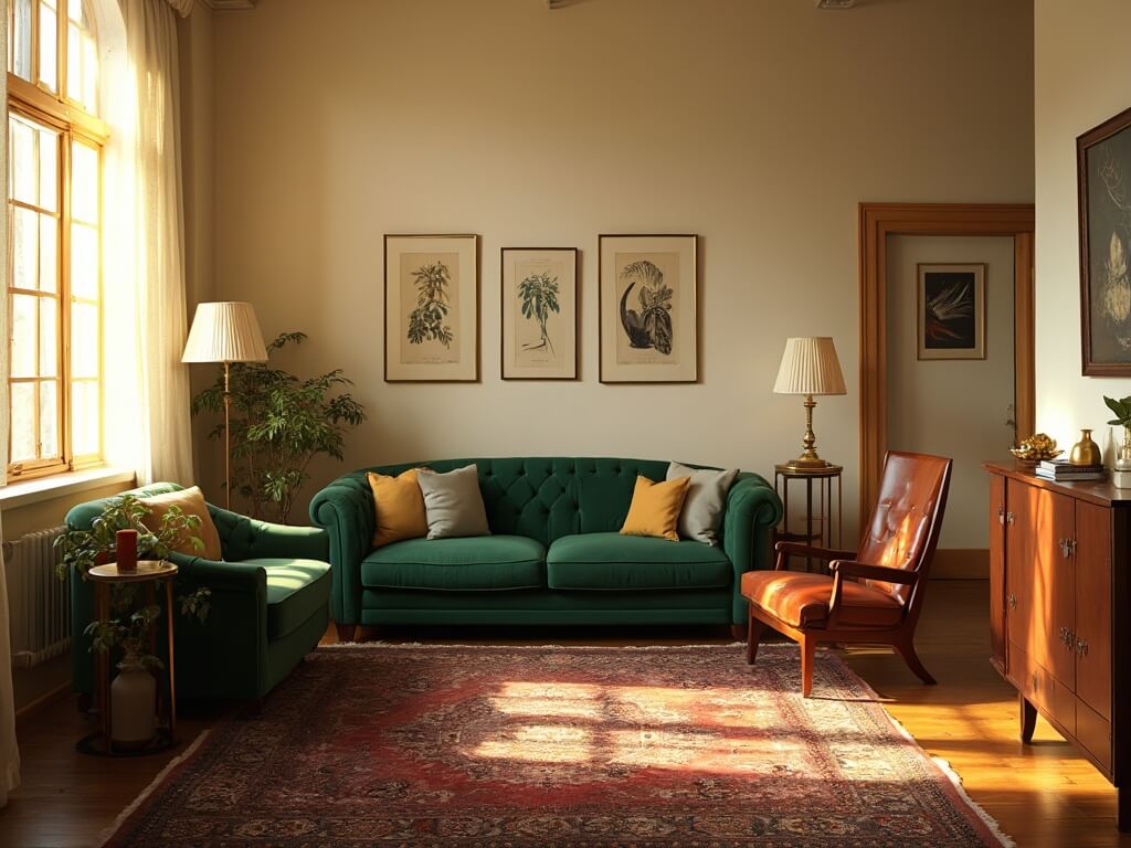"Vintage living room bathed in golden hour sunlight, featuring emerald Chesterfield sofa, 1960s teak credenza, Persian rug, and art deco accents"