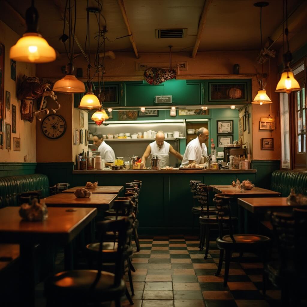 Interior view of a classic New Haven diner with vintage décor, wooden tables, and pizzaiolos preparing traditional apizza in the kitchen under ambient lighting for a nostalgic atmosphere