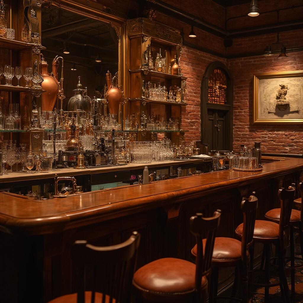 Restored 19th-century saloon with polished wooden bar, brass railings, vintage mirror, amber lighting, crystal glasses, copper distilling equipment, leather bar stools and brick walls