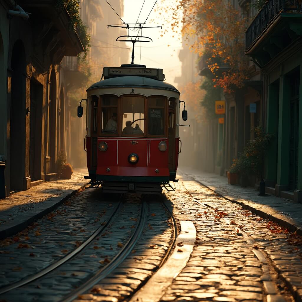 Vintage red and green trolley on a cobblestone street surrounded by Victorian-era buildings in early morning light, with autumn leaves on the ground