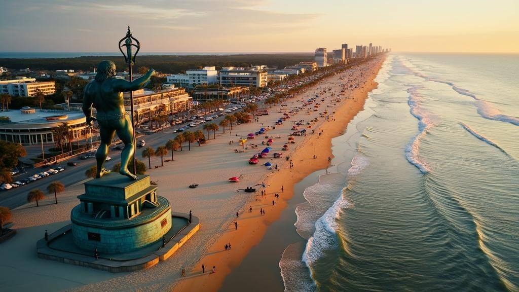 "Golden hour aerial view of Virginia Beach with King Neptune statue, vibrant beach umbrellas, playful dolphins, bustling boardwalk, and distant First Landing State Park"