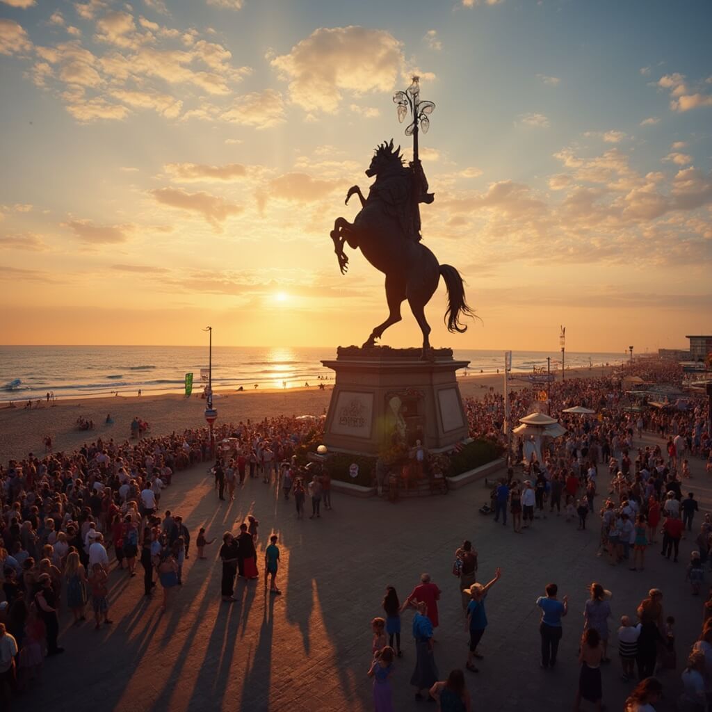 Sunset at Virginia Beach Boardwalk with silhouette of King Neptune statue, street performers, and bustling promenade in view