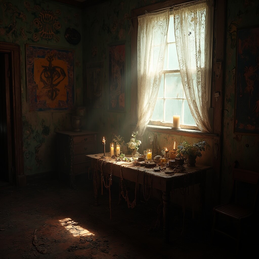 Voodoo altar in a historic Tremé home, decorated with white flowers, beads, and ritual objects, illuminated by candles and morning light through lace curtains.