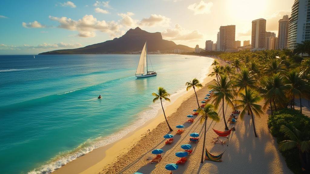 "Aerial view of Waikiki Beach at sunset with Diamond Head crater in background, beachfront scene with umbrellas and hammocks in foreground, gentle ocean waves, Honolulu skyline at distance, outrigger canoe on water, and yachts on horizon."