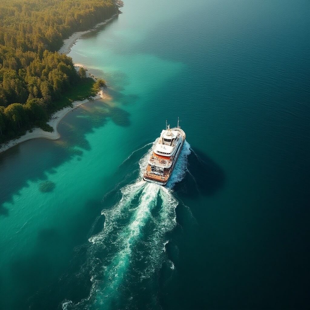 Aerial view of Washington Island Ferry crossing turquoise waters of Lake Michigan during golden hour with dense green forests on shoreline