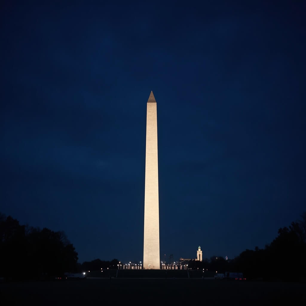 Washington Monument illuminated at twilight, centered against a dark blue-black sky with softly lit surrounding landscape