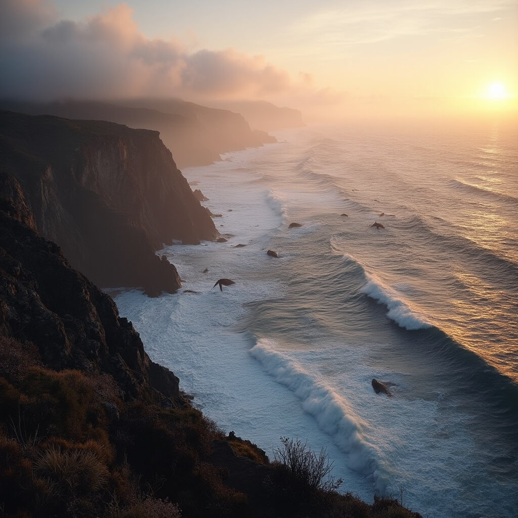 Gray whales breaching at sunrise from a rugged cliff viewpoint, with morning fog and ocean spray in golden light