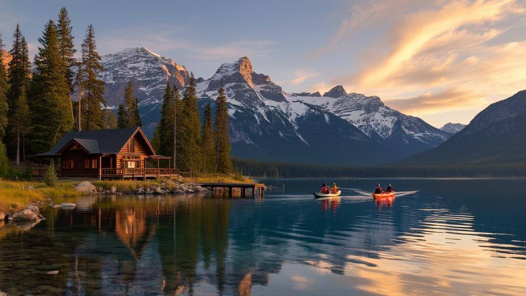 "Panoramic view of Whitefish, Montana at sunset with Glacier National Park's peaks, Whitefish Lake's reflection, a lakeside log cabin, two kayakers, and a vibrant sky."