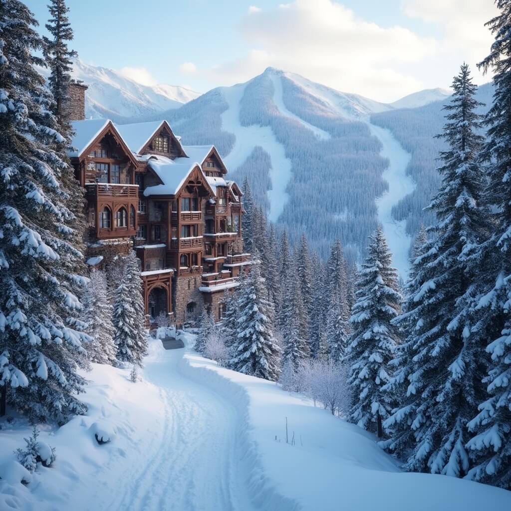Luxurious wooden lodge at Whitefish Mountain Resort amid snow-covered pines with ski slopes in the background under soft winter light