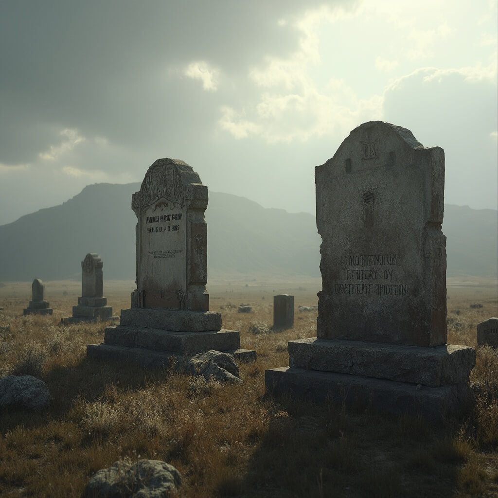 Dramatic early morning shot of Mount Moriah Cemetery with historical gravestones of Wild Bill Hickok and Calamity Jane, set against the rugged Black Hills landscape under misty conditions.