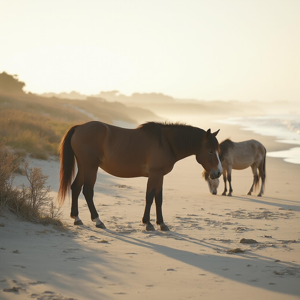 Wild ponies grazing in the sandy landscape of Assateague Island with a backdrop of a pristine beach and coastal vegetation illuminated by soft morning sunlight