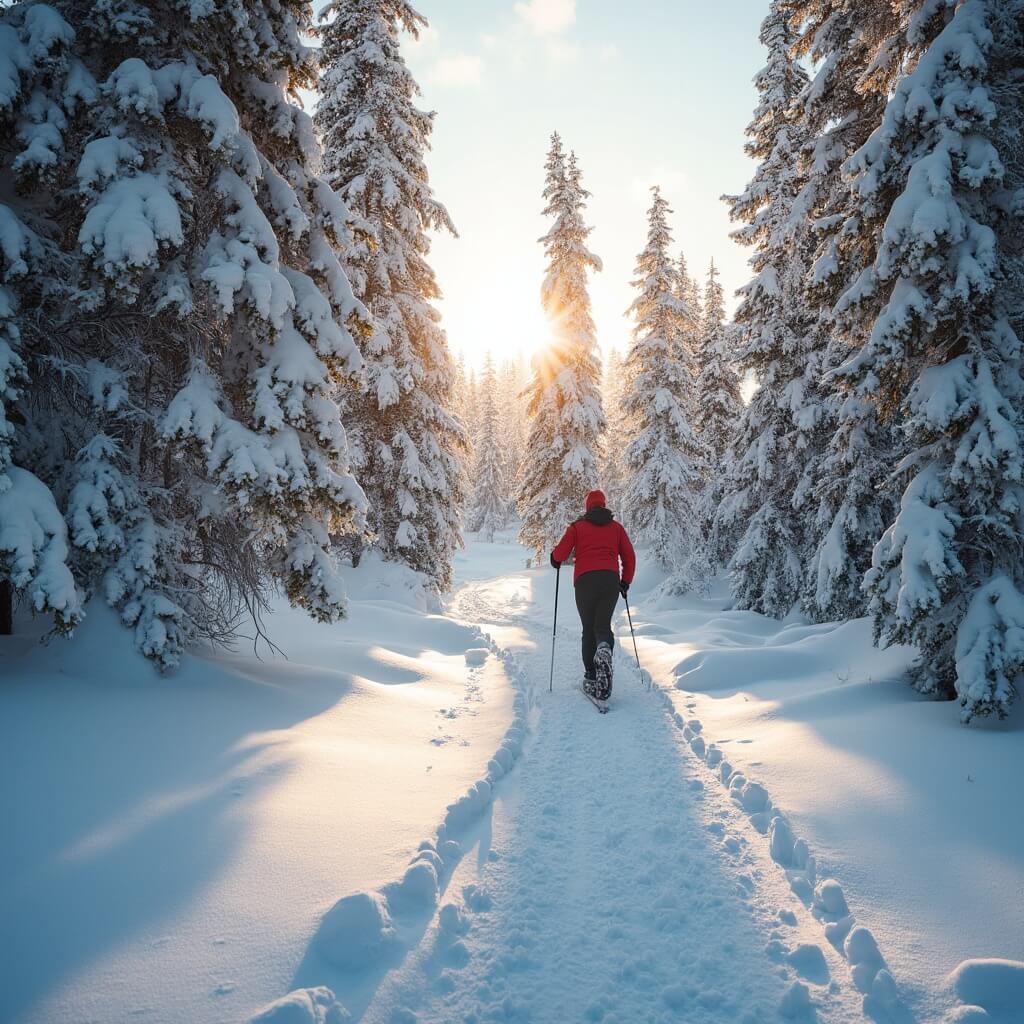 Cross-country skier in Black Hills winter landscape with snow-covered pines and morning light casting shadows