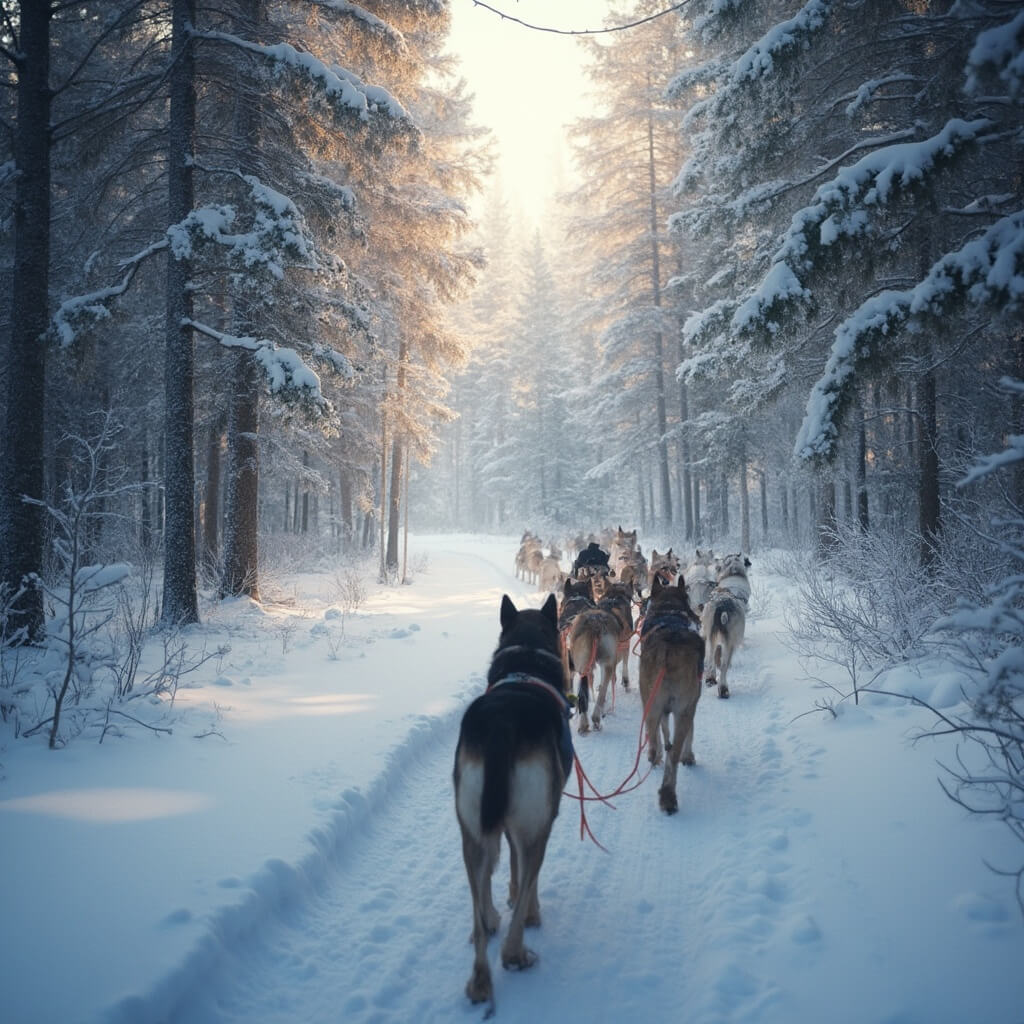 Dog sledding team emerging on a snow-covered forest trail with sunlight filtering through frosty pine branches