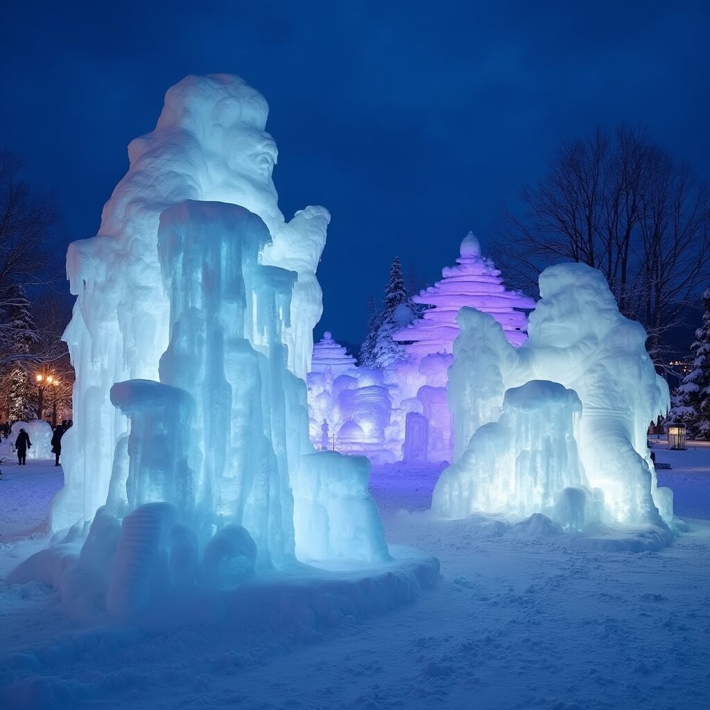 Ice sculptures illuminated by blue and purple lights at the Snow Sculpting Championship, with snow-covered trees and Lake Geneva in the background.