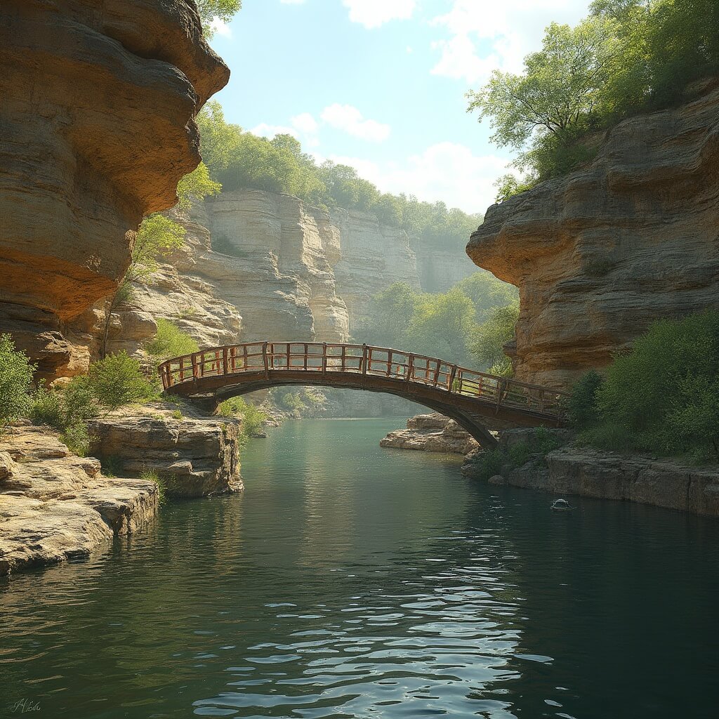 Scenic boat tour viewing Romance Cliff, wooden boardwalks between sandstone cliffs, lush greenery and calm river reflections in the Upper Dells landscape