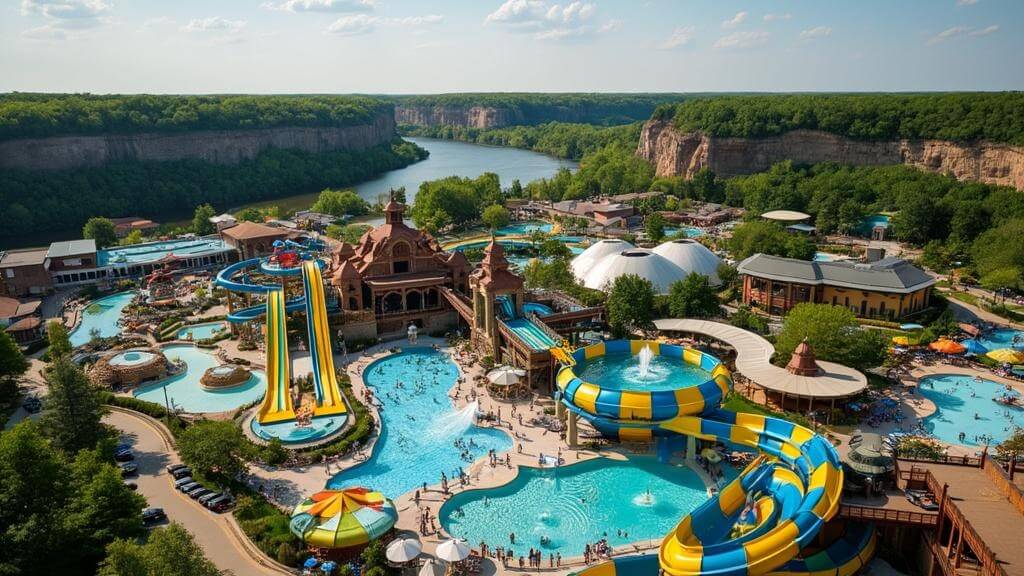 "Aerial view of Wisconsin Dells with colorful waterparks, Wisconsin River, sandstone cliffs, and lush forests"