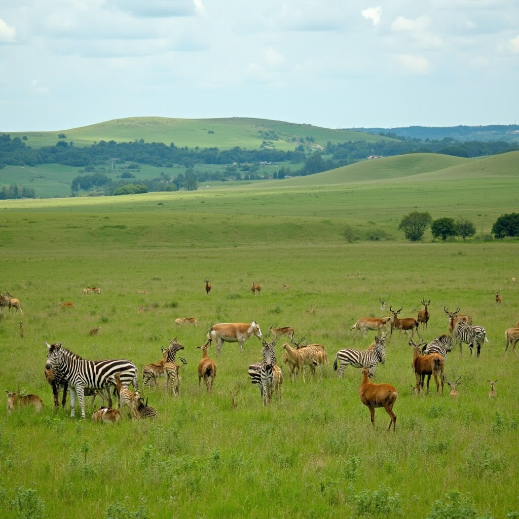 Safari scene with zebras and antelopes roaming freely in lush green Midwest landscape with rolling hills and distant lake view in Wisconsin