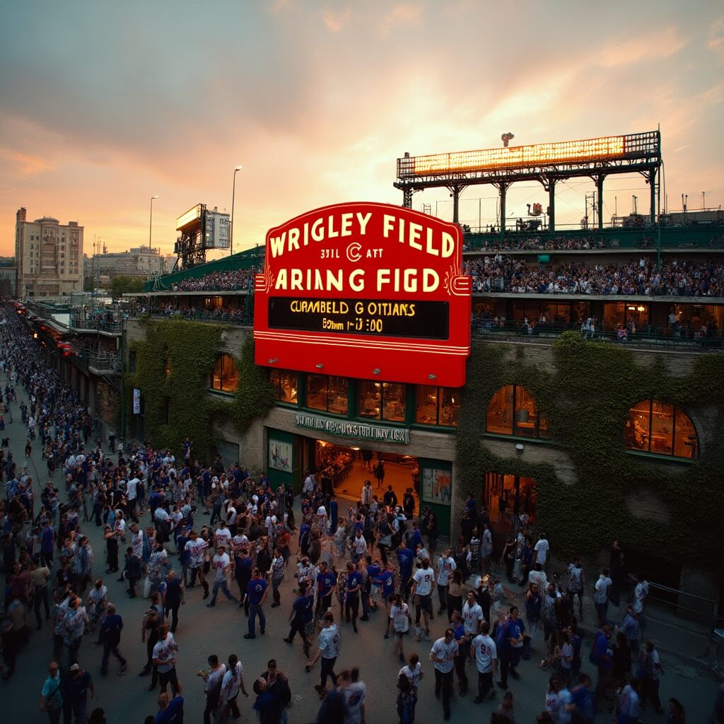 Wrigley Field during golden hour with a glowing red marquee sign, ivy-covered brick walls and fans in Cubs jerseys entering, vintage architecture in the background
