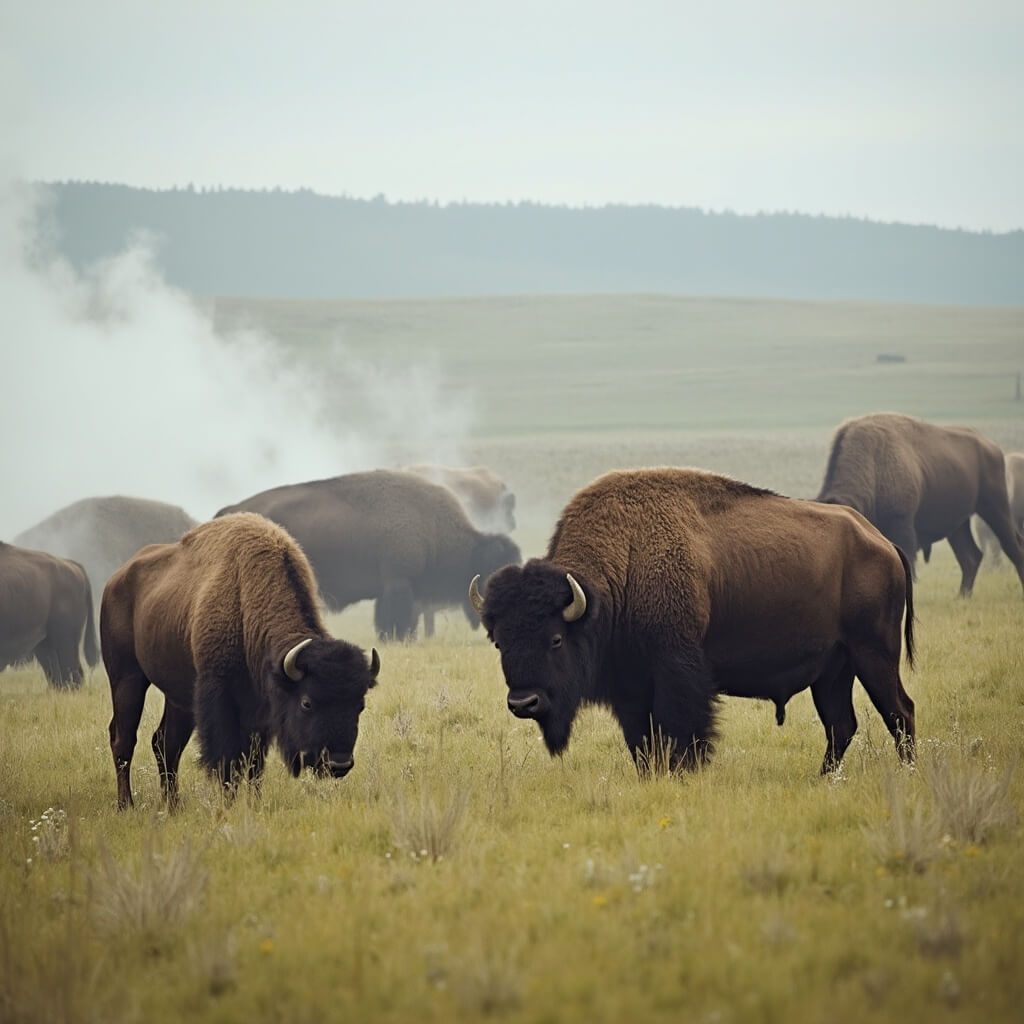 Majestic bison herd grazing in misty grassland of Yellowstone National Park with steam from geothermal features rising in the background