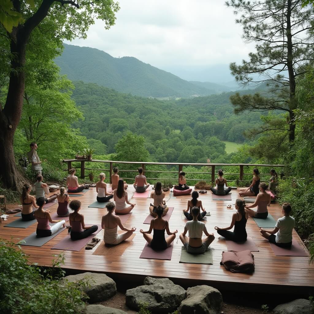 Participants practicing yoga on a wooden deck amidst a lush forest, with mountains in the background